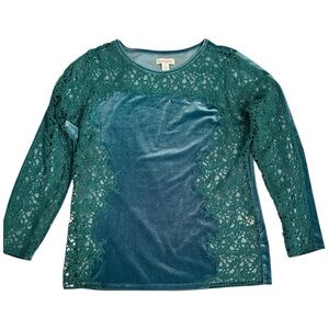 Sundance Lily's Paramour Velvet Long Sleeve Crochet Lace Top M Teal Green Boho